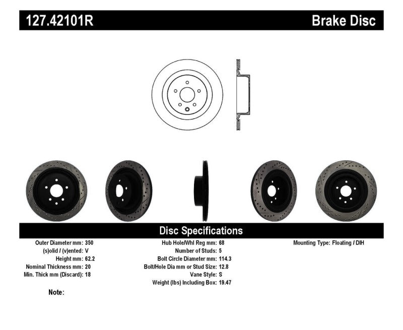 StopTech Infiniti G37 / Nissan 370Z SportStop Slotted & Drilled Rear Right Rotor - awdtuningtx