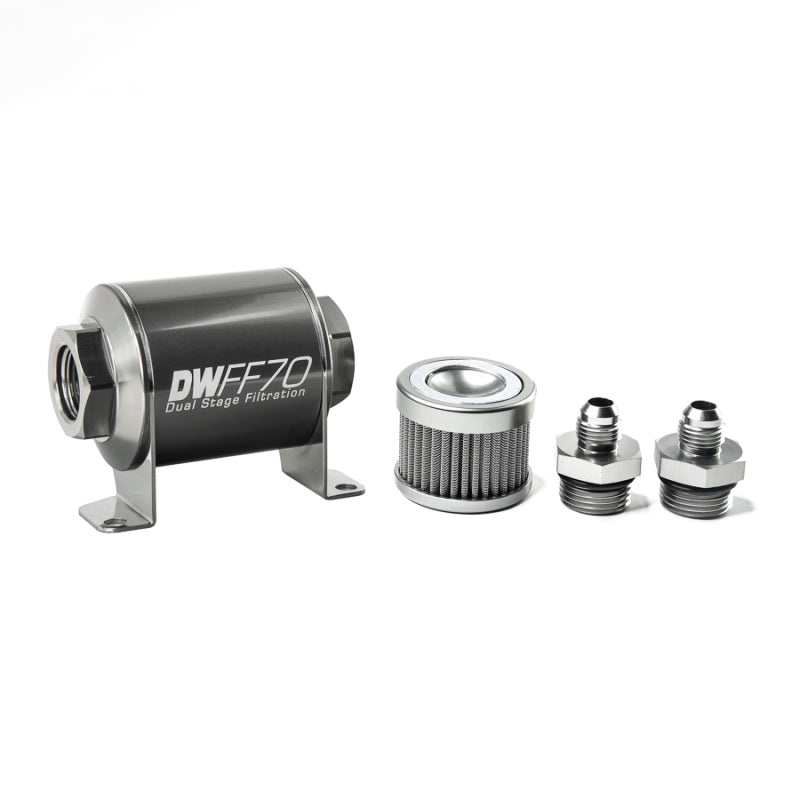 DeatschWerks Stainless Steel 6AN 100 Micron Universal Inline Fuel Filter Housing Kit (70mm) - awdtuningtx