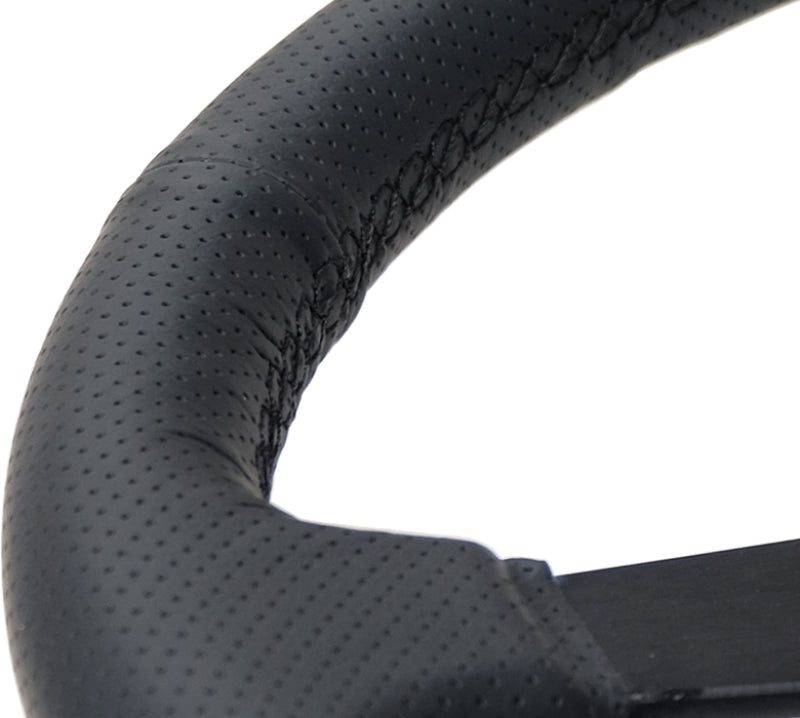 NRG Sport Steering Wheel (350mm / 1.5in Deep) Black Leather Black Stitch w/Matte Black Solid Spokes - awdtuningtx