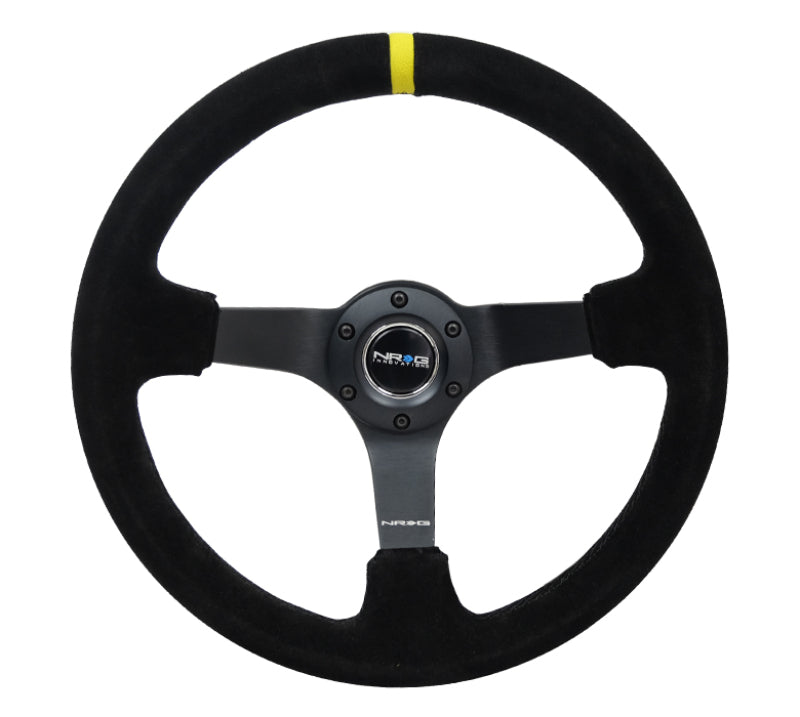 NRG Reinforced Steering Wheel (350mm / 3in. Deep) Blk Suede/X-Stitch w/5mm Blk Spoke & Yellow CM - awdtuningtx