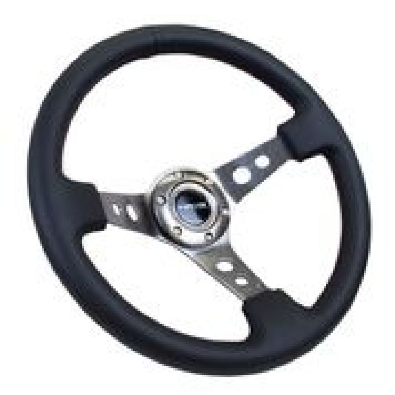 NRG Reinforced Steering Wheel (350mm / 3in. Deep) Blk Leather w/Gunmetal Circle Cutout Spokes - awdtuningtx