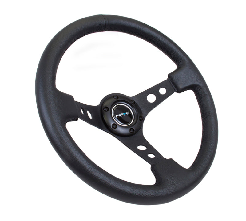 NRG Reinforced Steering Wheel (350mm / 3in. Deep) Blk Leather w/Blk Spoke & Circle Cutouts - awdtuningtx