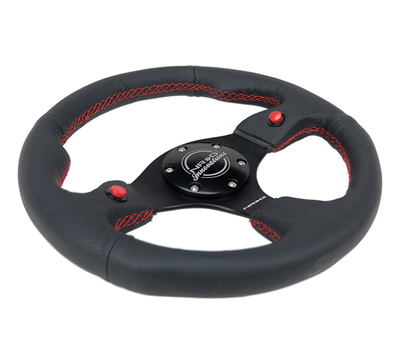 NRG Reinforced Steering Wheel (320mm) Blk Leather w/Dual Buttons - awdtuningtx