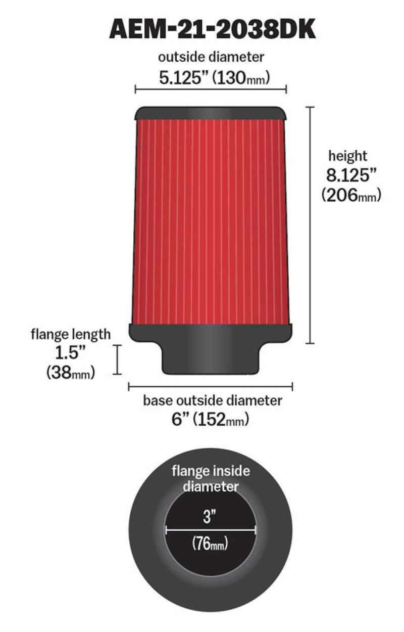 AEM 3 inch Short Neck 8 inch Element Filter Replacement - awdtuningtx