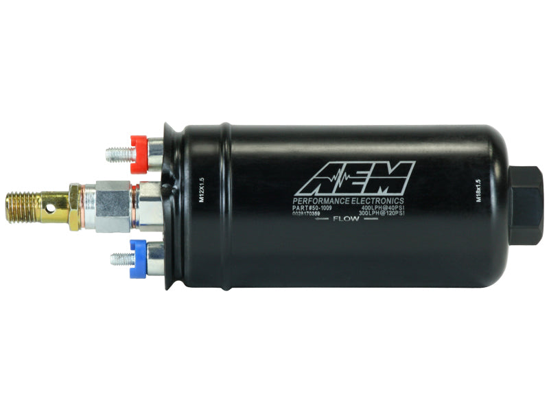 AEM 400LPH High Pressure Inline Fuel Pump - M18x1.5 Female Inlet to M12x1.5 Male Outlet - awdtuningtx