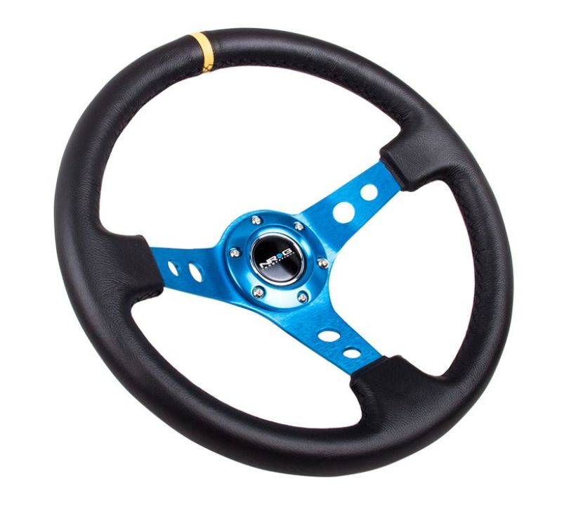 NRG Reinforced Steering Wheel (350mm / 3in. Deep) Blk Leather w/Blue Cutout Spoke & Single Yellow CM - awdtuningtx