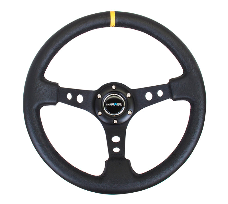 NRG Reinforced Steering Wheel (350mm / 3in. Deep) Blk Leather w/Blk Cutout Spoke/Yellow Center Mark - awdtuningtx