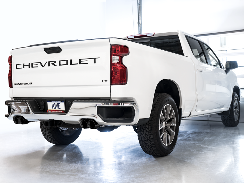 AWE Tuning 4th Gen GM 1500 6.2L 0FG Catback Split Rear Exit (w/ Bumper Cutouts) - Quad Diamond Tips - awdtuningtx
