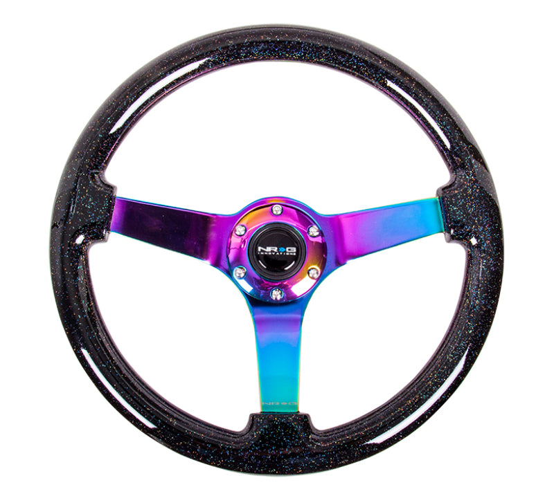 NRG Reinforced Steering Wheel (350mm / 3in. Deep) Classic Blk Sparkle w/4mm Neochrome 3-Spoke Center - awdtuningtx
