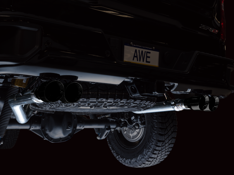 AWE Tuning 22-23 GMC Sierra 1500 AT4X 6.2L 0FG Catback Split Dual (Flat Bumper) - Diamond Black Tips - awdtuningtx