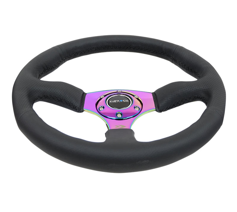 NRG Reinforced Steering Wheel (350mm / 2.5in. Deep) Leather Race Comfort Grip w/4mm Neochrome Spokes - awdtuningtx