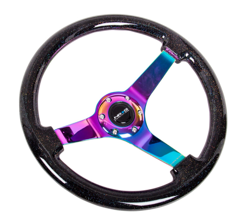 NRG Reinforced Steering Wheel (350mm / 3in. Deep) Classic Blk Sparkle w/4mm Neochrome 3-Spoke Center - awdtuningtx