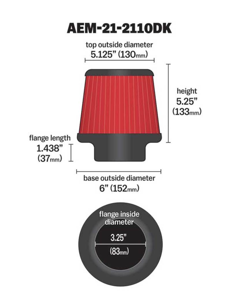 AEM 3.25 inch DRY Flow Short Neck 5 inch Element Filter Replacement - awdtuningtx