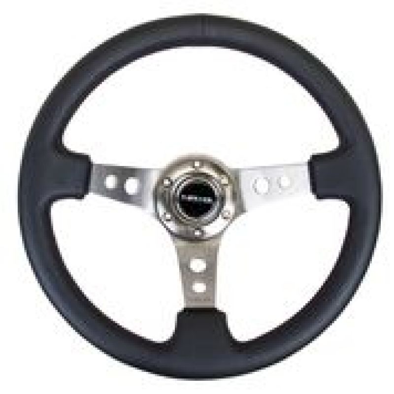NRG Reinforced Steering Wheel (350mm / 3in. Deep) Blk Leather w/Gunmetal Circle Cutout Spokes - awdtuningtx