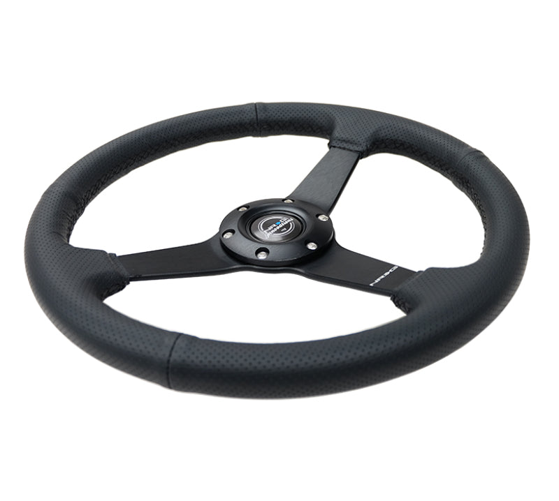 NRG Sport Steering Wheel (350mm / 1.5in Deep) Black Leather Black Stitch w/Matte Black Solid Spokes - awdtuningtx