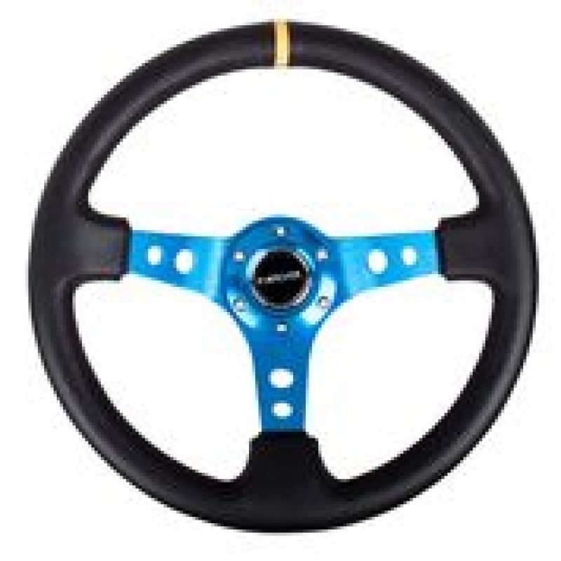 NRG Reinforced Steering Wheel (350mm / 3in. Deep) Blk Leather w/Blue Cutout Spoke & Single Yellow CM - awdtuningtx
