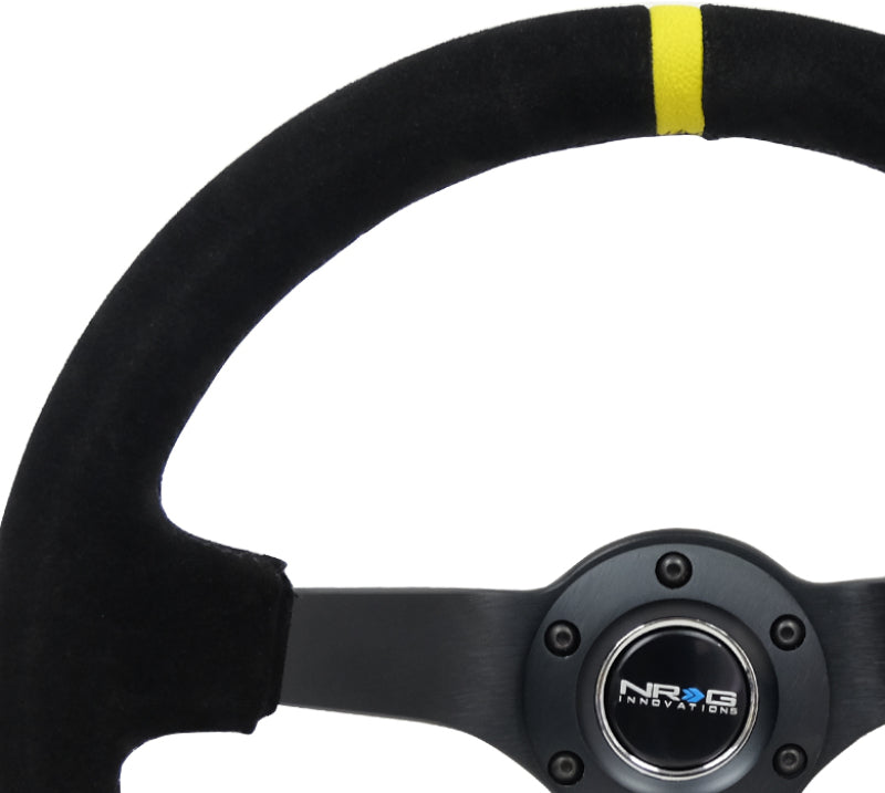 NRG Reinforced Steering Wheel (350mm / 3in. Deep) Blk Suede/X-Stitch w/5mm Blk Spoke & Yellow CM - awdtuningtx