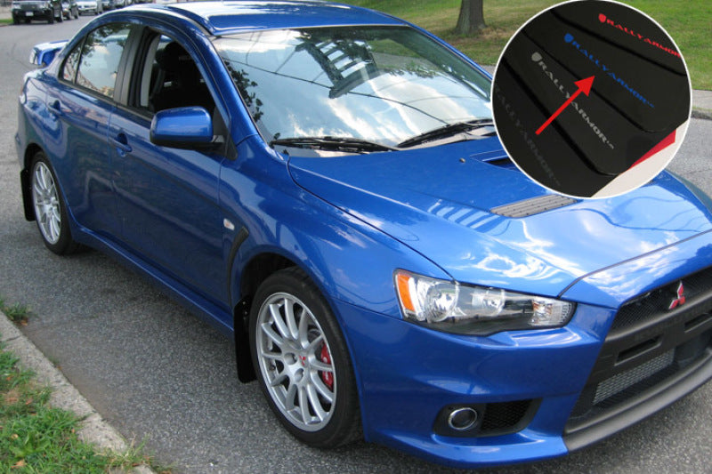 Rally Armor 08-17 Mitsubishi EVO X Black UR Mud Flap w/ Blue Logo - awdtuningtx