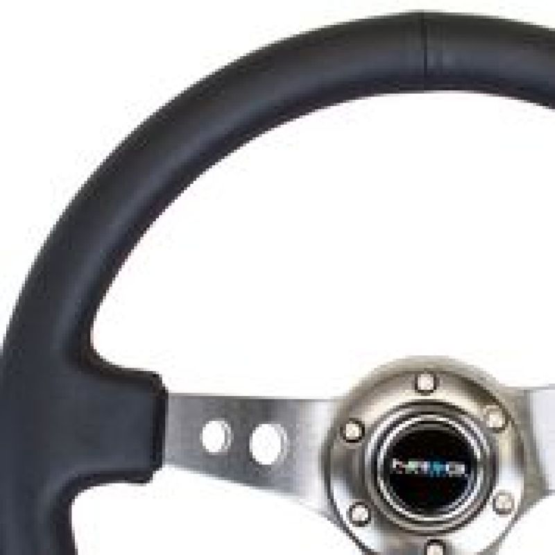NRG Reinforced Steering Wheel (350mm / 3in. Deep) Blk Leather w/Gunmetal Circle Cutout Spokes - awdtuningtx