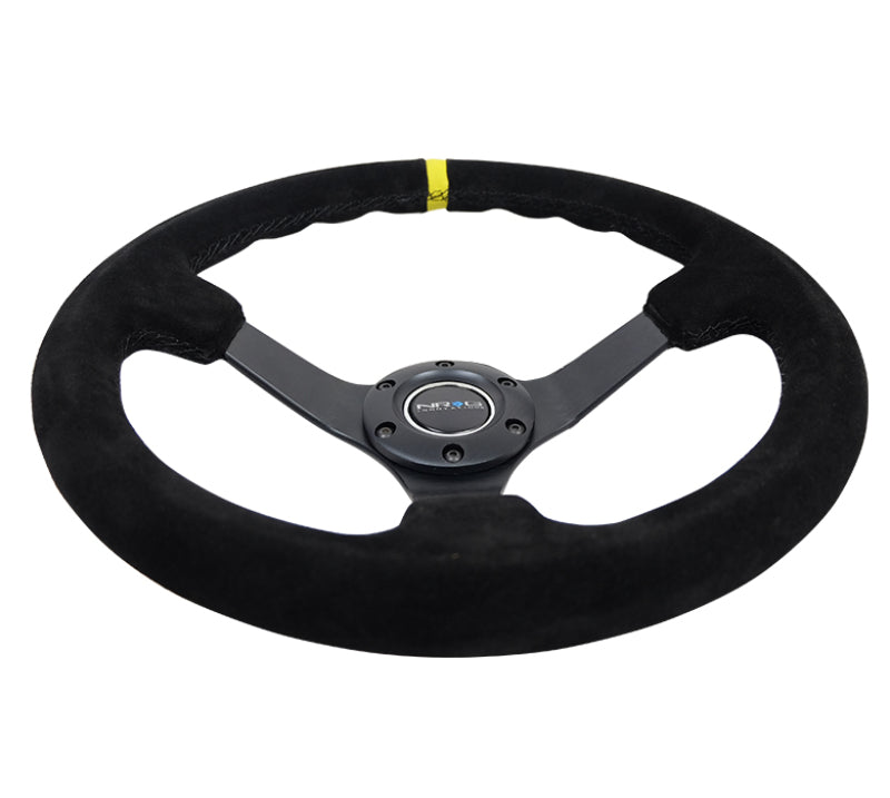 NRG Reinforced Steering Wheel (350mm / 3in. Deep) Blk Suede/X-Stitch w/5mm Blk Spoke & Yellow CM - awdtuningtx