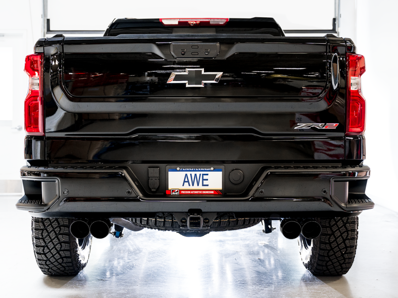 AWE Tuning 22-23 GMC Sierra 1500 AT4X 6.2L 0FG Catback Split Dual (Flat Bumper) - Diamond Black Tips - awdtuningtx