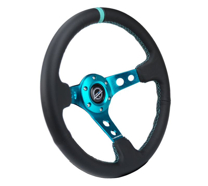 NRG Reinforce Steering Wheel (350mm / 3in. Deep) Blk Leather, Teal Center Mark w/ Teal Stitching - awdtuningtx