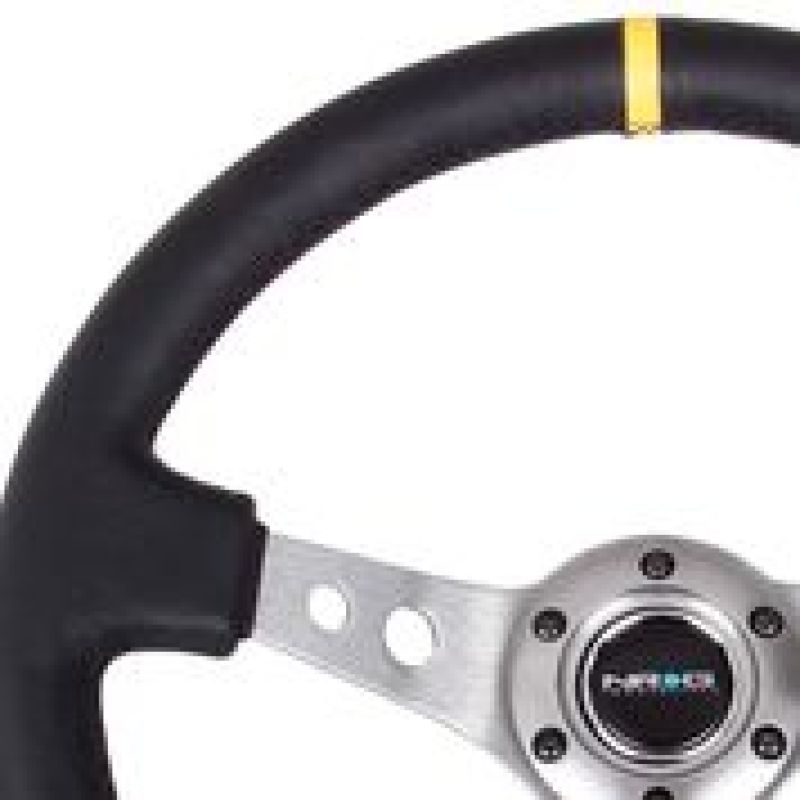 NRG Reinforced Steering Wheel (350mm / 3in. Deep) Blk Leather w/Gunmetal Cutout Spoke & Yellow CM - awdtuningtx