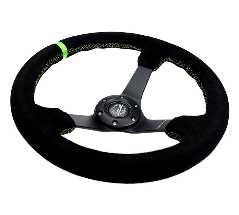 NRG Reinforced Steering Wheel 350mm/3in. Deep Blk Suede/ Neon Green Stitch w/5mm Matte Black Spoke - awdtuningtx