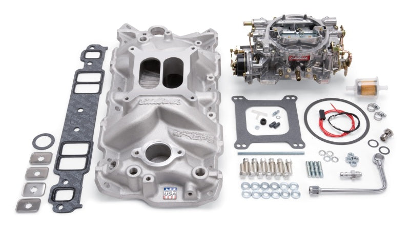 Edelbrock Manifold And Carb Kit Performer Eps Small Block Chevrolet 1957-1986 Natural Finish - awdtuningtx