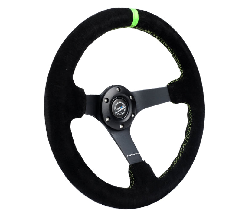 NRG Reinforced Steering Wheel 350mm/3in. Deep Blk Suede/ Neon Green Stitch w/5mm Matte Black Spoke - awdtuningtx