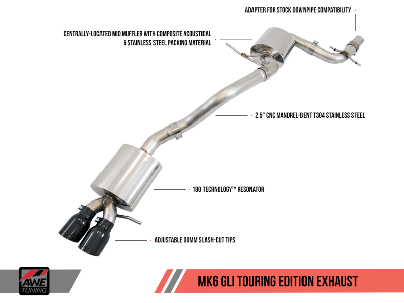 AWE Tuning Mk6 GLI 2.0T - Mk6 Jetta 1.8T Touring Edition Exhaust - Polished Silver Tips - awdtuningtx