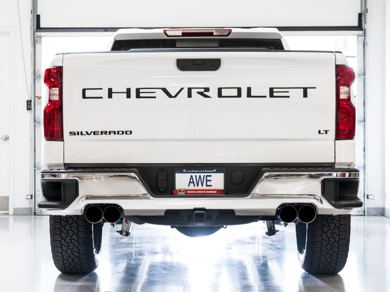 AWE Tuning 4th Gen GM 1500 6.2L 0FG Catback Split Rear Exit (w/ Bumper Cutouts) - Quad Diamond Tips - awdtuningtx