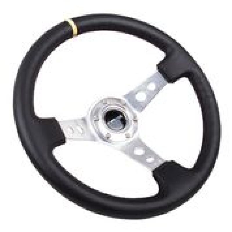 NRG Reinforced Steering Wheel (350mm / 3in. Deep) Blk Leather w/Circle Cut Spokes & Single Yellow CM - awdtuningtx