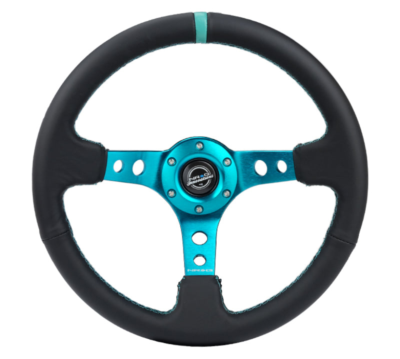 NRG Reinforce Steering Wheel (350mm / 3in. Deep) Blk Leather, Teal Center Mark w/ Teal Stitching - awdtuningtx