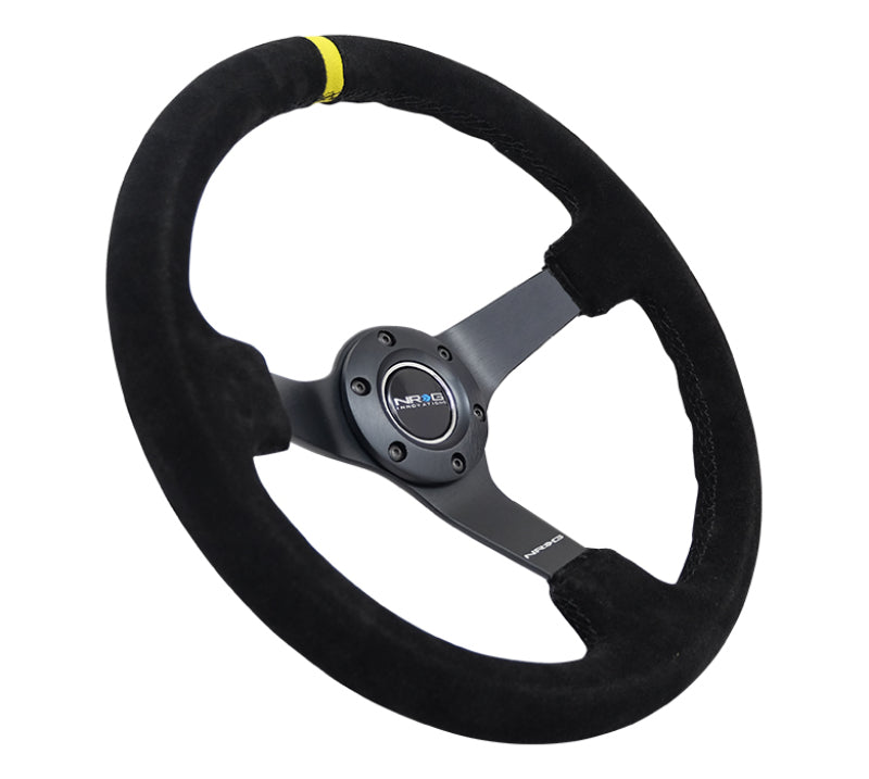 NRG Reinforced Steering Wheel (350mm / 3in. Deep) Blk Suede/X-Stitch w/5mm Blk Spoke & Yellow CM - awdtuningtx