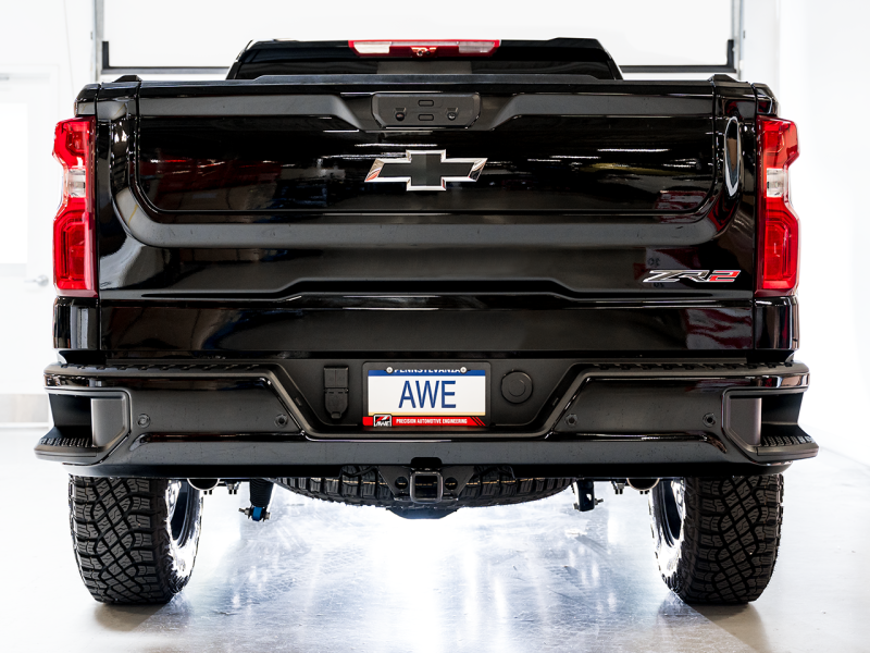 AWE Tuning 22-23 GMC Sierra 1500 AT4X 6.2L 0FG Catback Split Dual (Flat Bumper) - Bashguard(No Tips) - awdtuningtx