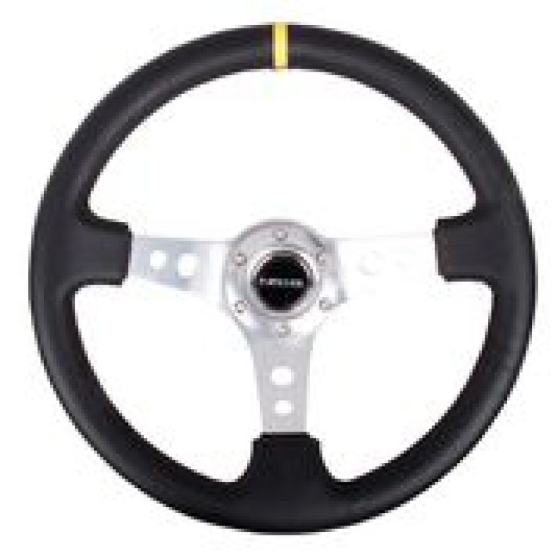 NRG Reinforced Steering Wheel (350mm / 3in. Deep) Blk Leather w/Circle Cut Spokes & Single Yellow CM - awdtuningtx
