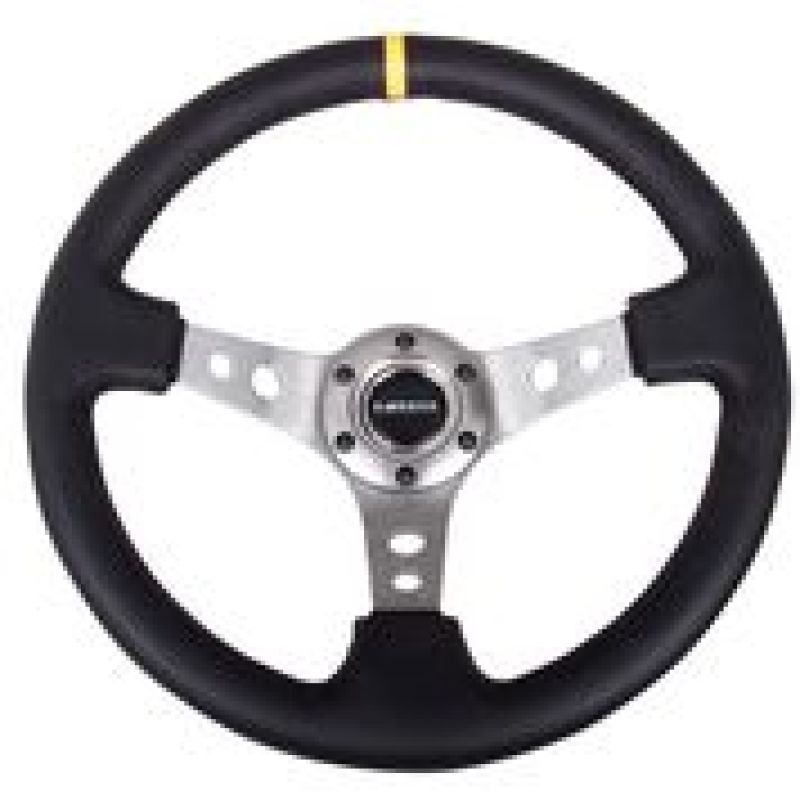 NRG Reinforced Steering Wheel (350mm / 3in. Deep) Blk Leather w/Gunmetal Cutout Spoke & Yellow CM - awdtuningtx
