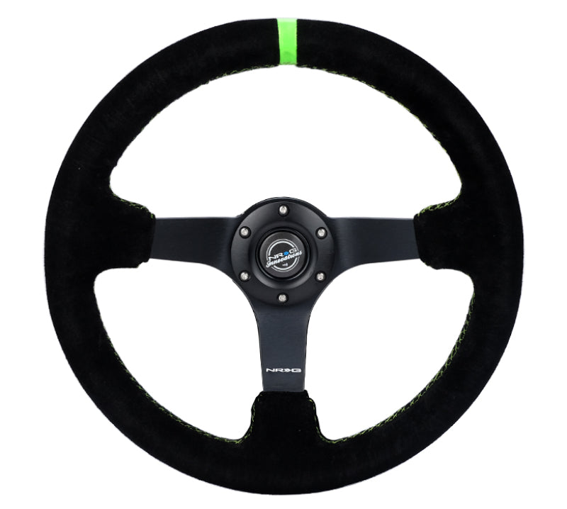 NRG Reinforced Steering Wheel 350mm/3in. Deep Blk Suede/ Neon Green Stitch w/5mm Matte Black Spoke - awdtuningtx