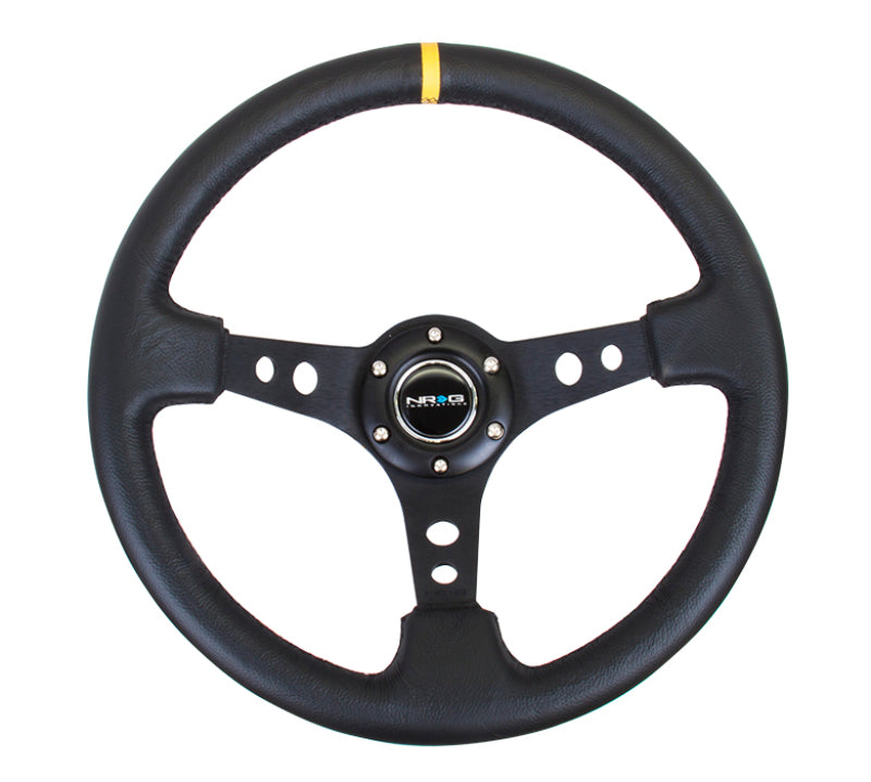 NRG Reinforced Steering Wheel (350mm / 3in. Deep) Blk Leather w/Blk Cutout Spoke/Yellow Center Mark - awdtuningtx