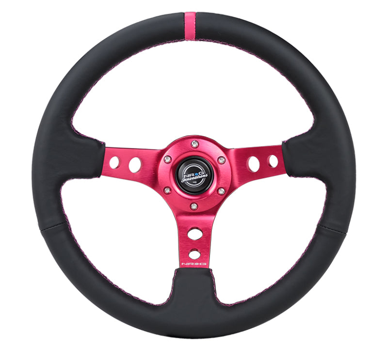 NRG Reinforced Steering Wheel (350mm/3in. Deep) Black Leather/ Fushia Center Mark/ Fushia Stitching - awdtuningtx