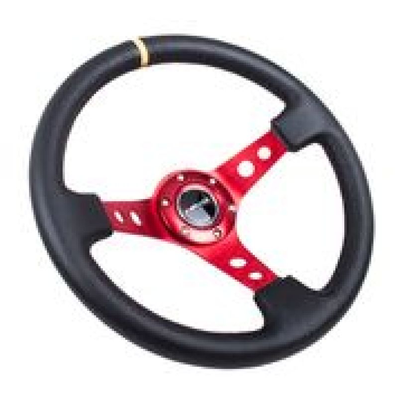 NRG Reinforced Steering Wheel (350mm / 3in. Deep) Blk Leather w/Red Spokes & Sgl Yellow Center Mark - awdtuningtx