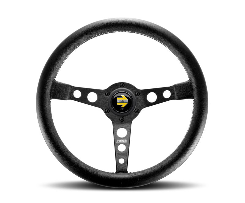 Momo Prototipo Steering Wheel 350 mm - Black Leather/Wht Stitch/Black Spokes - awdtuningtx