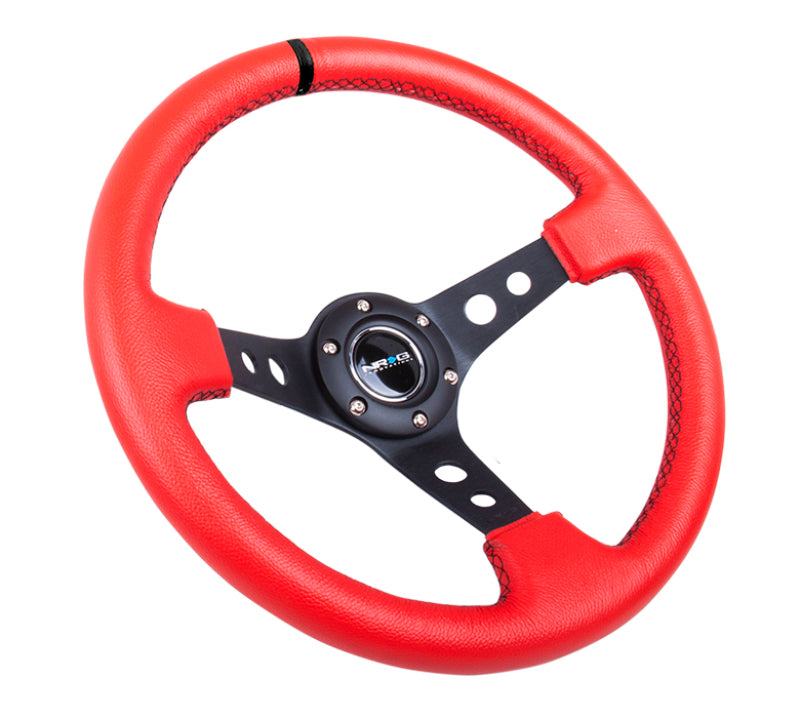 NRG Reinforced Steering Wheel (350mm / 3in. Deep) Red Suede w/Blk Circle Cutout Spokes - awdtuningtx