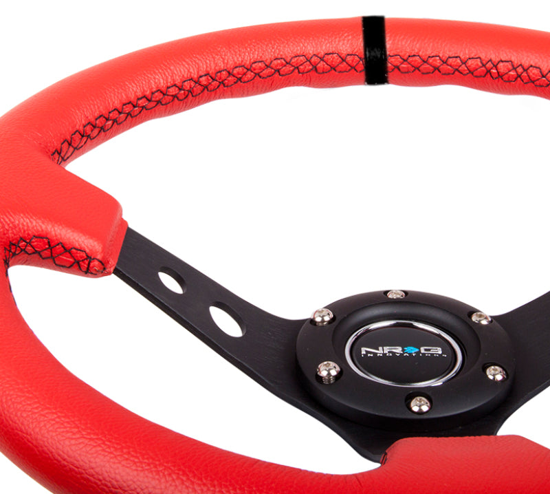 NRG Reinforced Steering Wheel (350mm / 3in. Deep) Red Suede w/Blk Circle Cutout Spokes - awdtuningtx