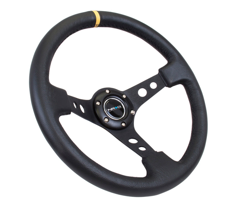 NRG Reinforced Steering Wheel (350mm / 3in. Deep) Blk Leather w/Blk Cutout Spoke/Yellow Center Mark - awdtuningtx
