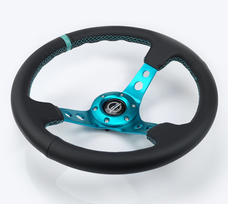 NRG Reinforce Steering Wheel (350mm / 3in. Deep) Blk Leather, Teal Center Mark w/ Teal Stitching - awdtuningtx