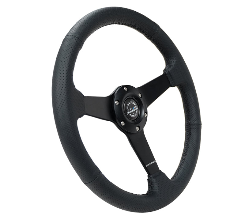 NRG Sport Steering Wheel (350mm / 1.5in Deep) Black Leather Black Stitch w/Matte Black Solid Spokes - awdtuningtx