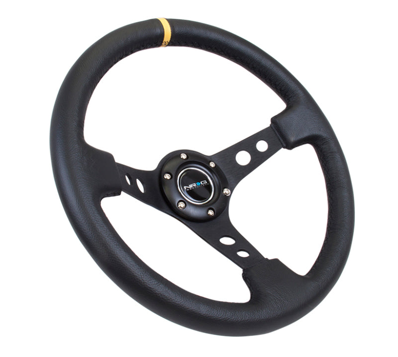 NRG Reinforced Steering Wheel (350mm / 3in. Deep) Blk Leather w/Blk Cutout Spoke/Yellow Center Mark - awdtuningtx
