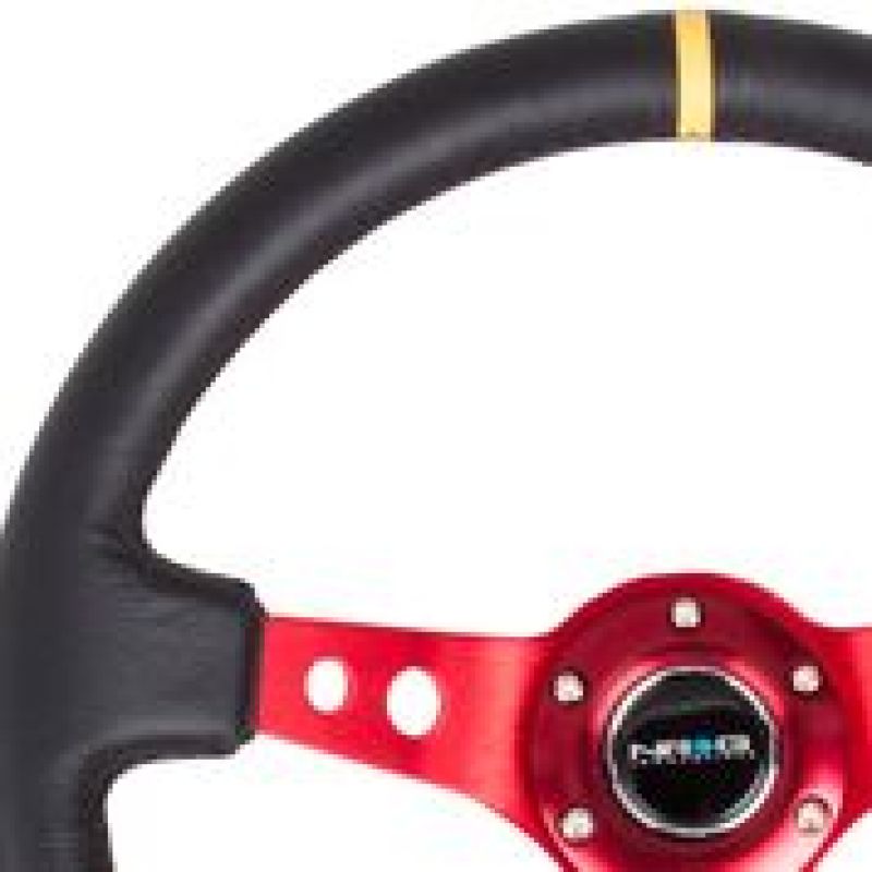 NRG Reinforced Steering Wheel (350mm / 3in. Deep) Blk Leather w/Red Spokes & Sgl Yellow Center Mark - awdtuningtx